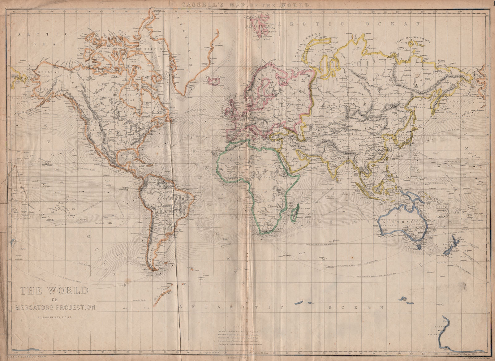 'The World on Mercators Projection'. Shows Mountains of Kong. WELLER 1862 map